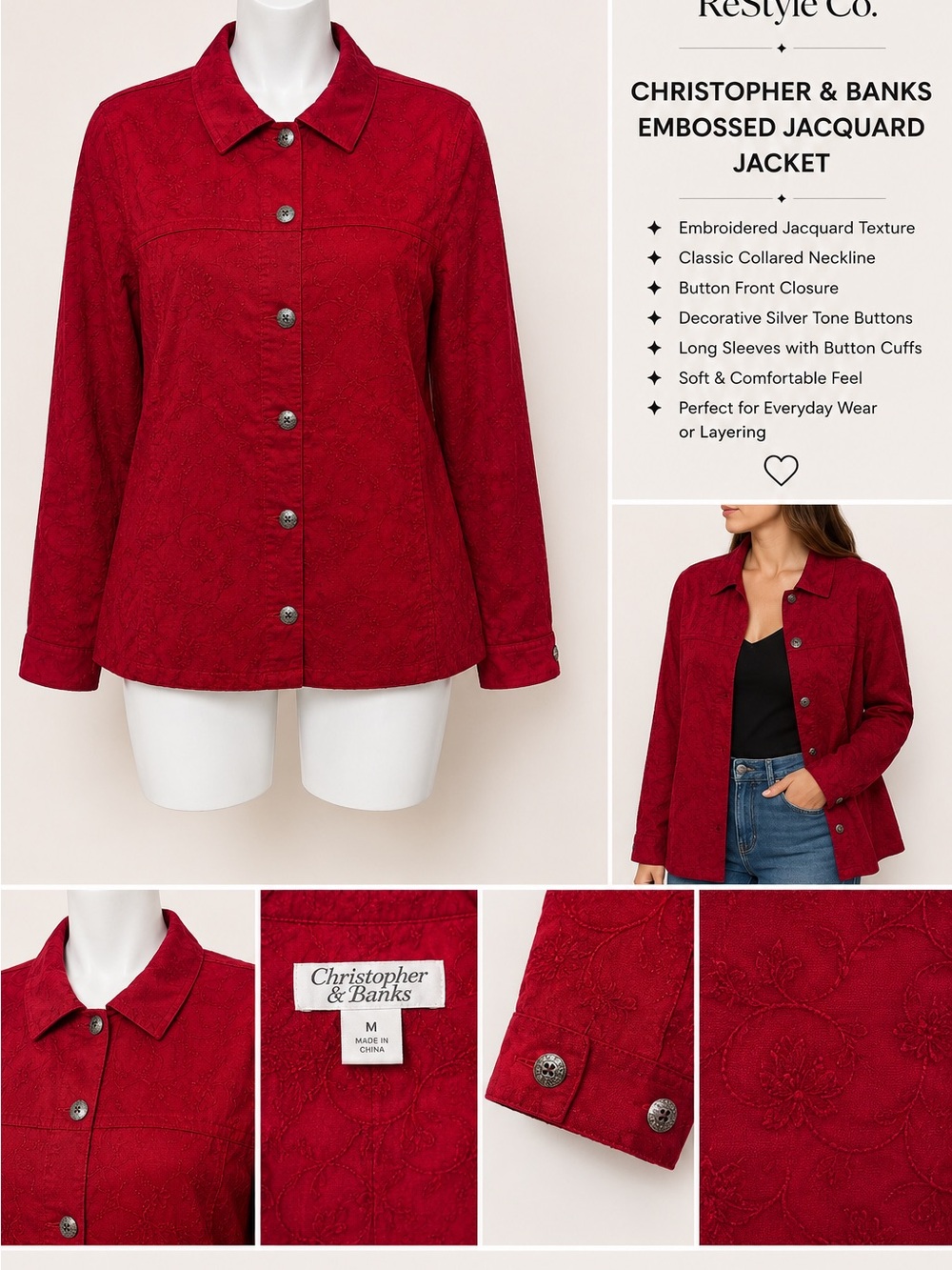Christopher & Banks Red Embossed Jacquard Button-Front Jacket